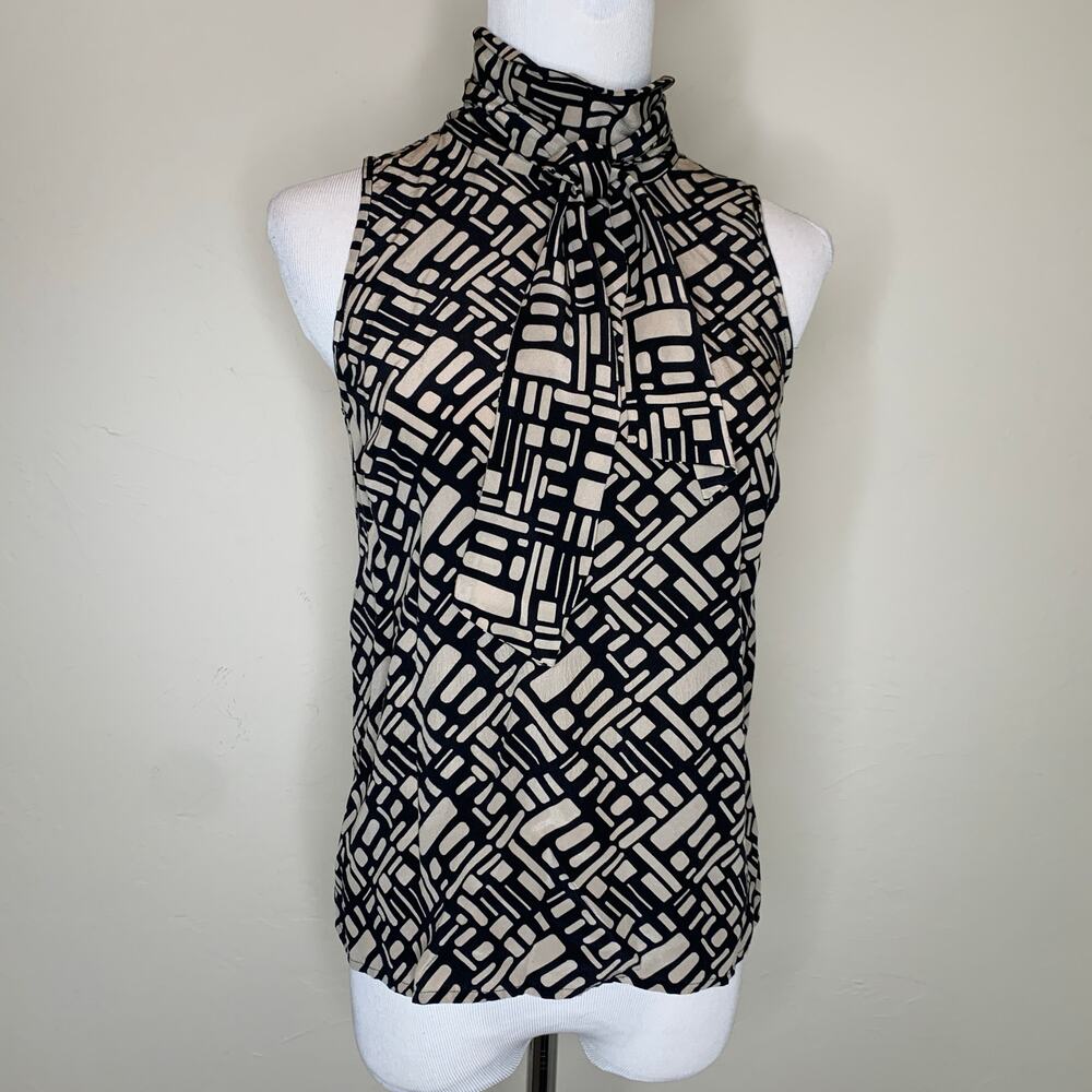 Vintage Silk Taupe Black Tie Neck Blouse Sz 4
